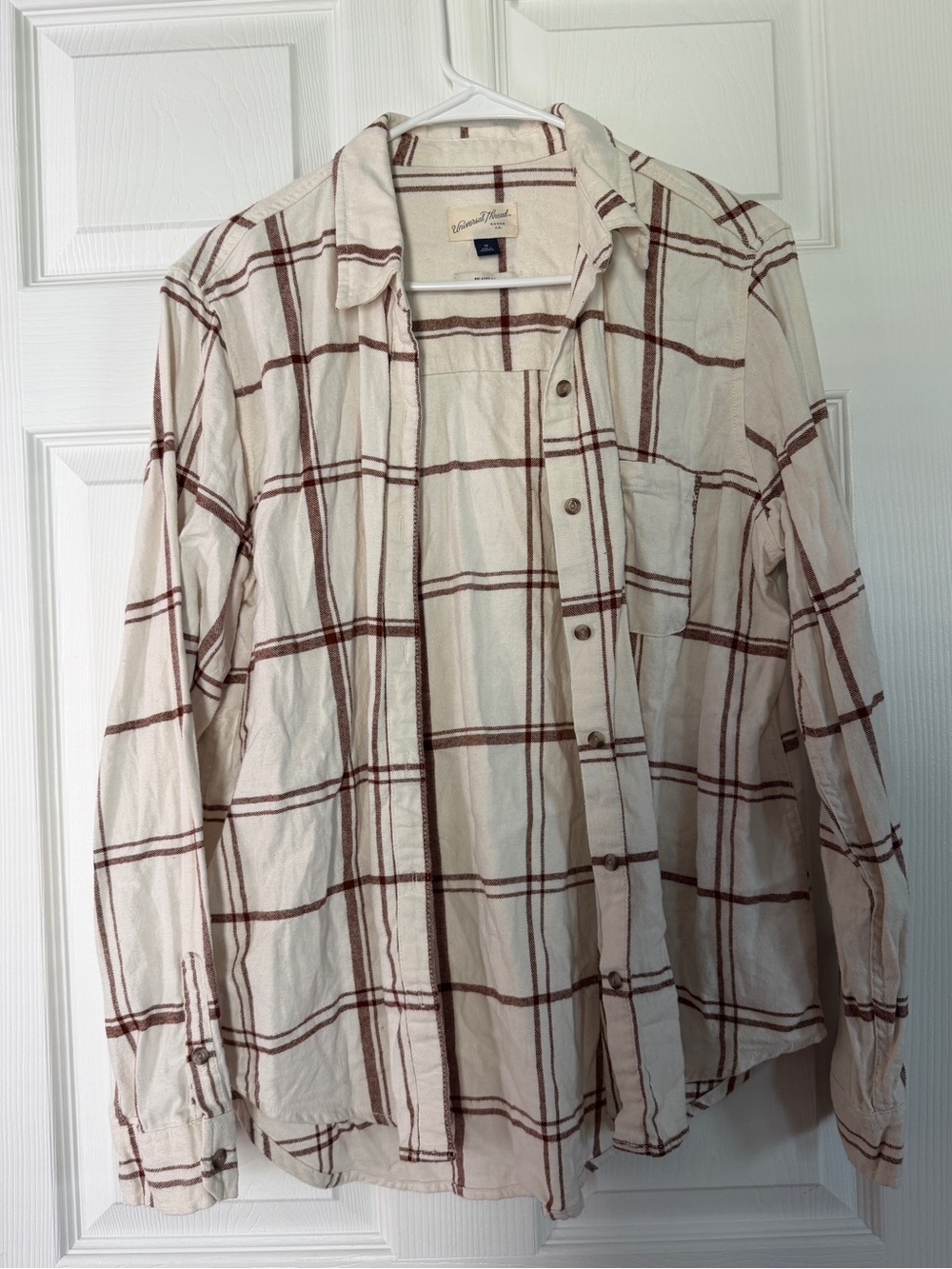 Universal Thread Cream Plaid Button-Up Flannel with Brown Windowpane
